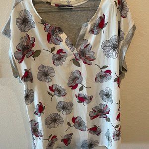 Papermoon Reece Mixed Material Top, Grey and Flower pattern